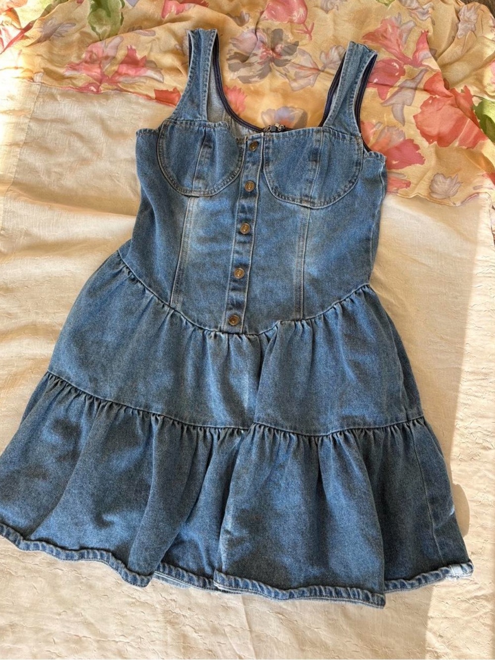 Forever 21 Blue Denim Tiered Pinafore Dress Corset and Front Buttons, size M